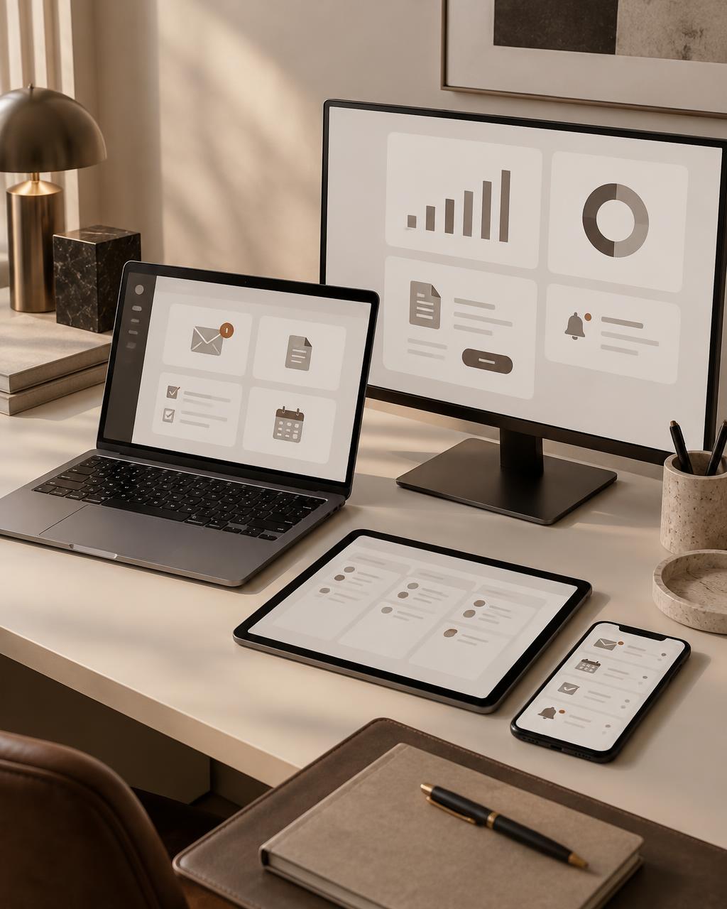 Modern munkaállomás laptopon, monitoron, tableten és telefonon megjelenő üzleti információkkal